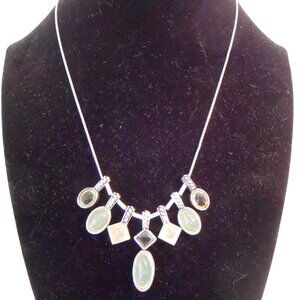 Vintage Silver Tone Necklace Yellow Green Brown Crystal Gemstones 17" Beautiful!